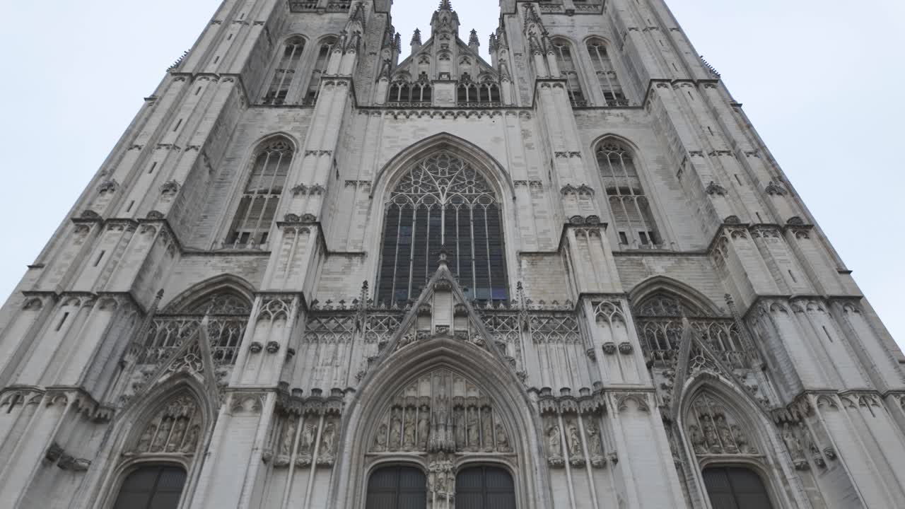Establishing tilt of St Michael and St Gudula Cathedral in Brussels, historic Gothic design and towers