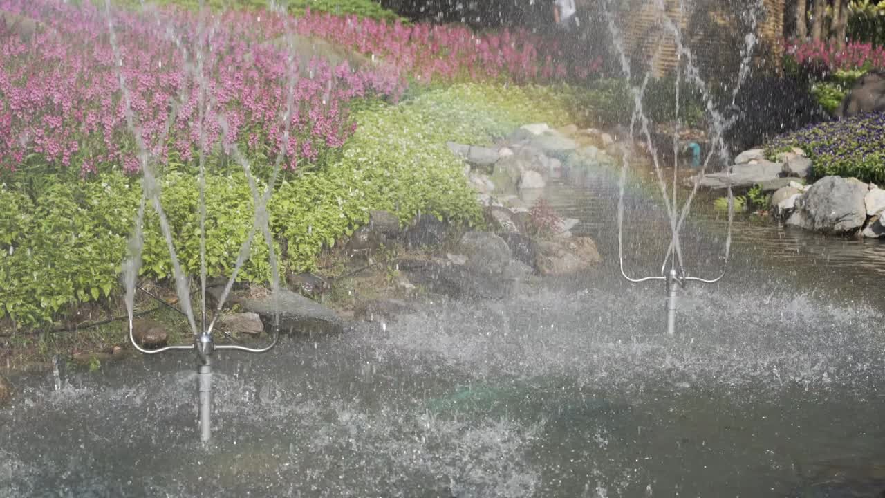 공원 에서 회전 하는 제트 분수