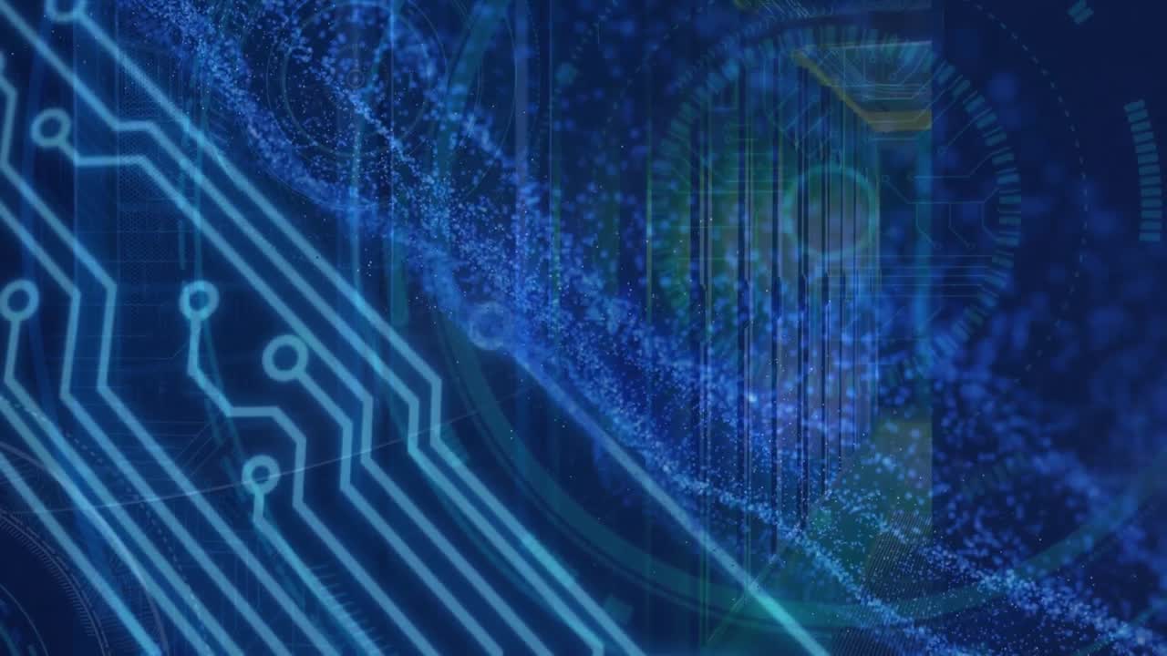 Animation of blue particles moving around hud elements on digital interface