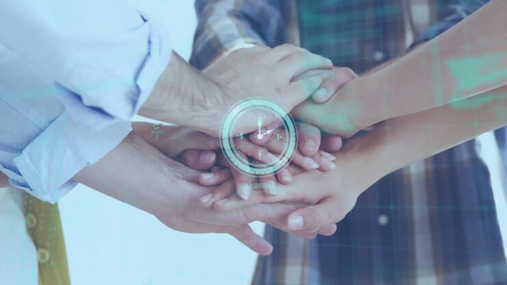 Animation of data processing and clock over diverse business people teaming up