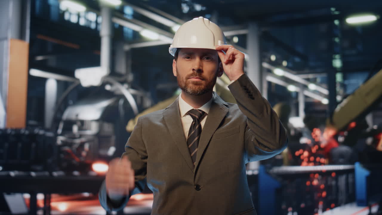 hombre de negocios con casco en un primer plano de una fábrica industrial. especialista en producción