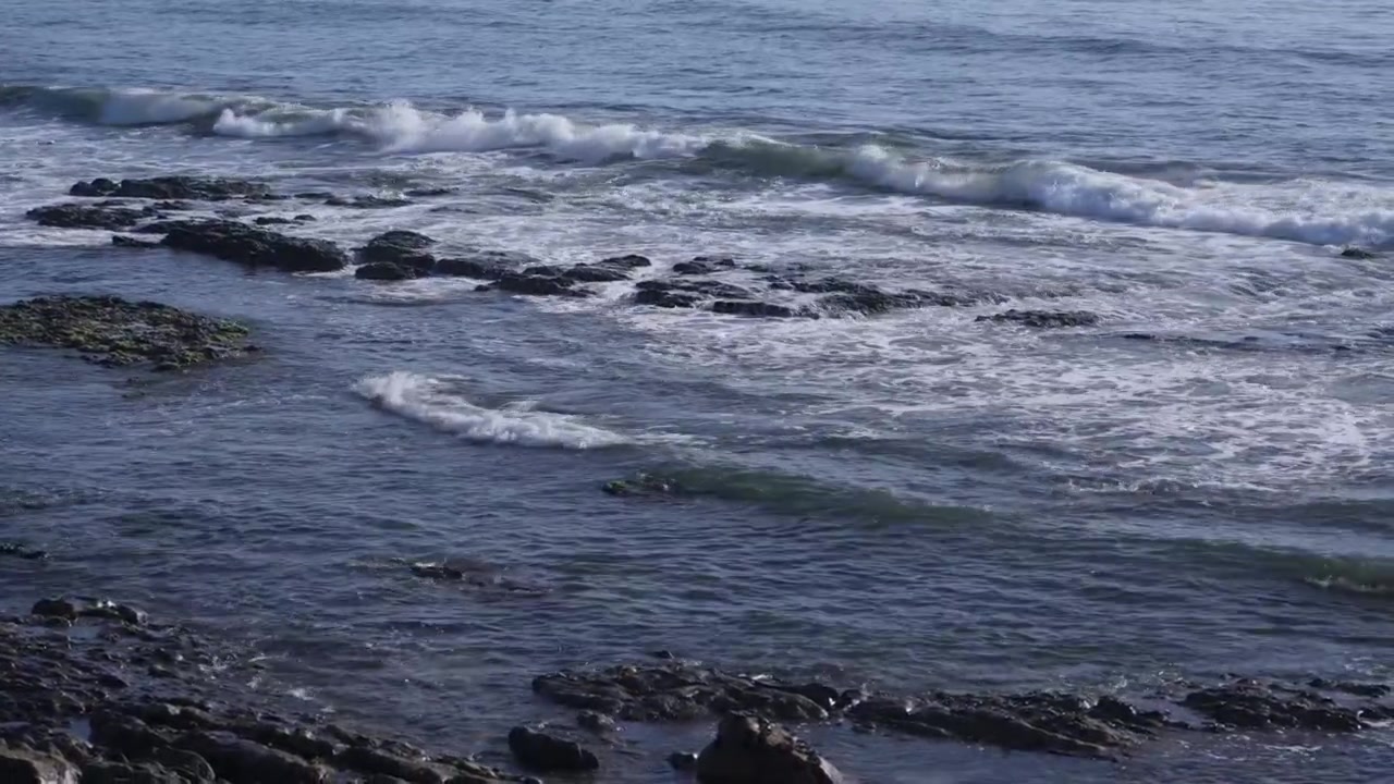 Onde marine che si infrangono con schiuma bianca su rocce scure e alghe su una costa rocciosa