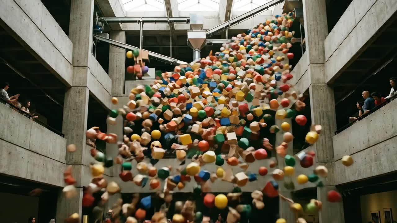 Colorful Wooden Blocks and Shapes Falling in a Modern Atrium Art Installation