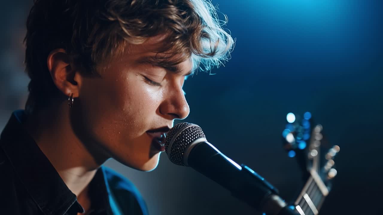 Young Man Singing Passionately into Microphone on Stage