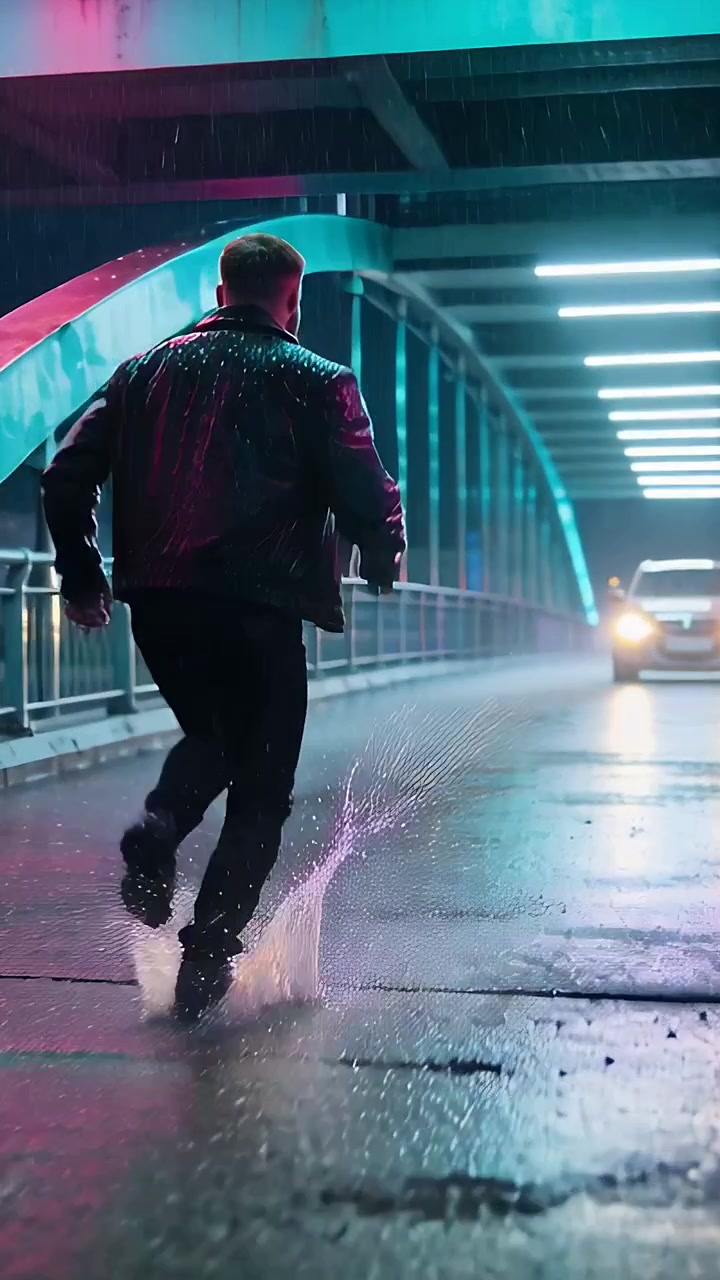 Video verticale: Uomo che cammina in pelle mentre entra in una pozzanghera, schizzando acqua, correndo su un ponte illuminato al neon