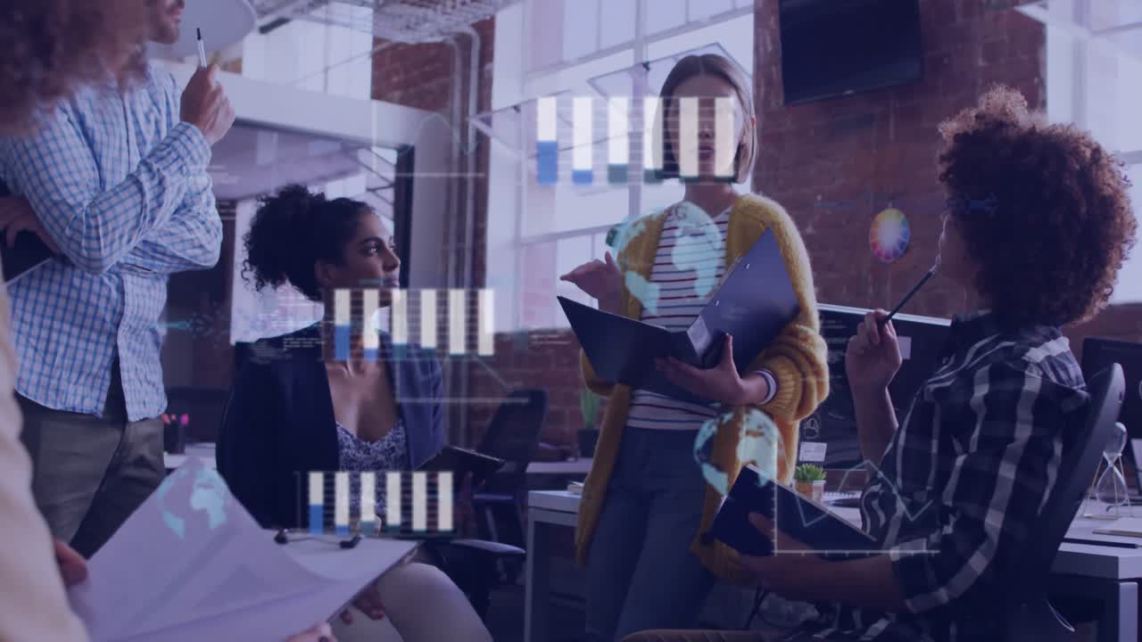 woman stepping forward and outlining agenda animating charts transforming into globe for analytics