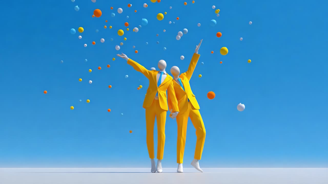 Two animated figures in vibrant yellow suits engage joyfully, creating a playful spectacle with colorful orbs amidst a clear blue sky, embodying enthusiasm and creativity
