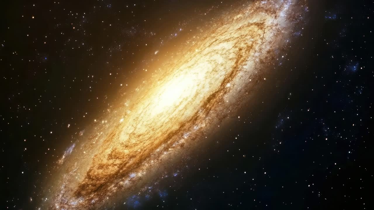 Un'immagine fissa di un video ipnotica di una galassia a spirale, catturata da una prospettiva grandangolare
