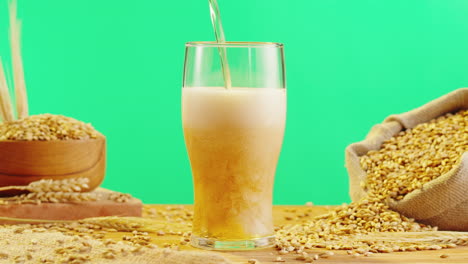pouring beer into a glass with barley and wheat