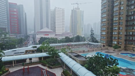 heavy rain and typhoon warning signal no 8 in shatin, hong kong, 4k