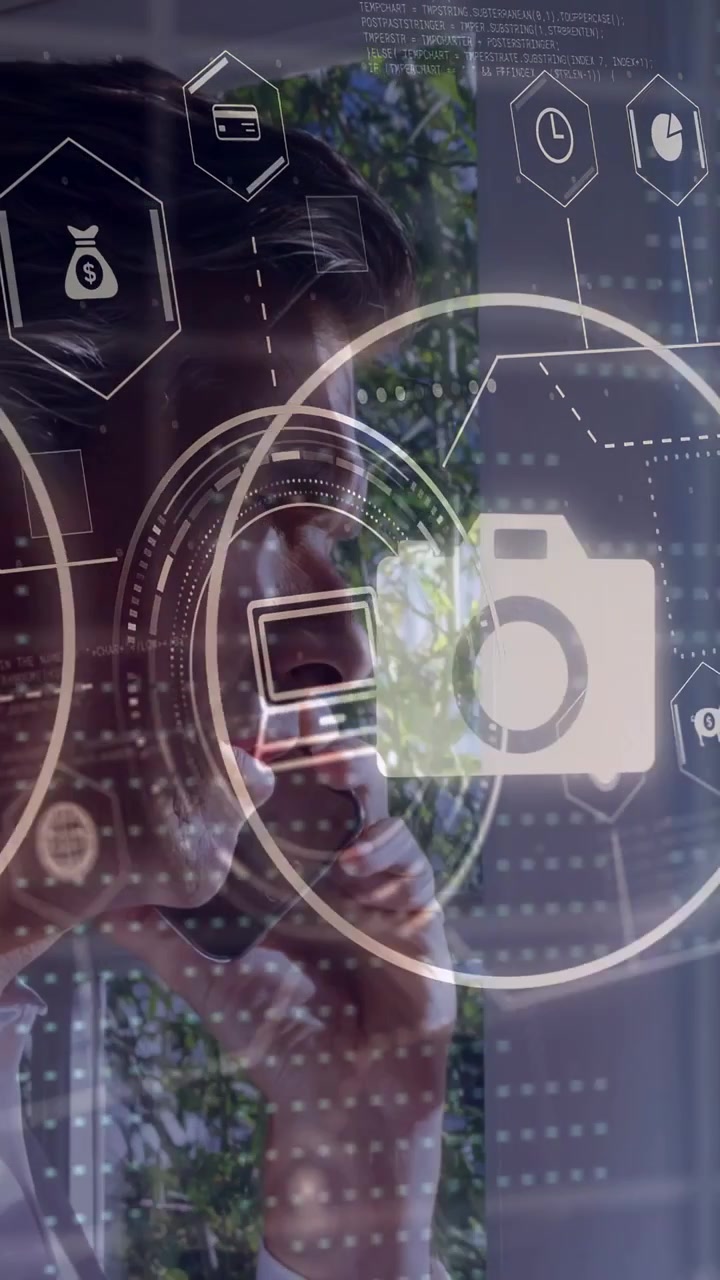Vertical video: Man answering call by window, tech HUD cycling over phone and face for business