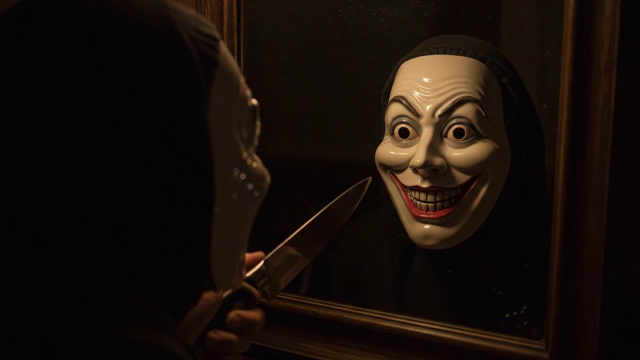 A Chilling Reflection: The Sinister Interaction Between a Masked Figure and Its Malevolent Reflection in a Dimly Lit Room