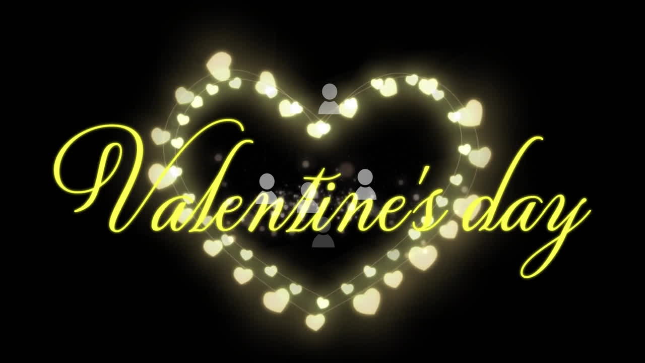 Animazione del testo di San Valentino su cuori e icone utente.