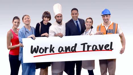 Various-professional-holding-placard-of-work-and-travel-text