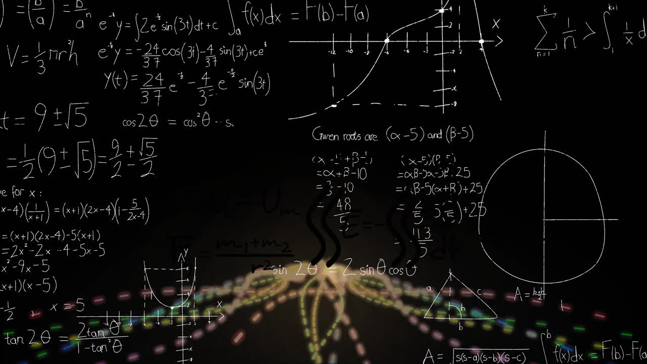 Animation of mathematical data processing over light trails on black background