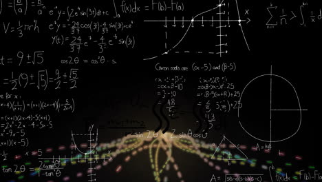 Animation of mathematical data processing over light trails on black background