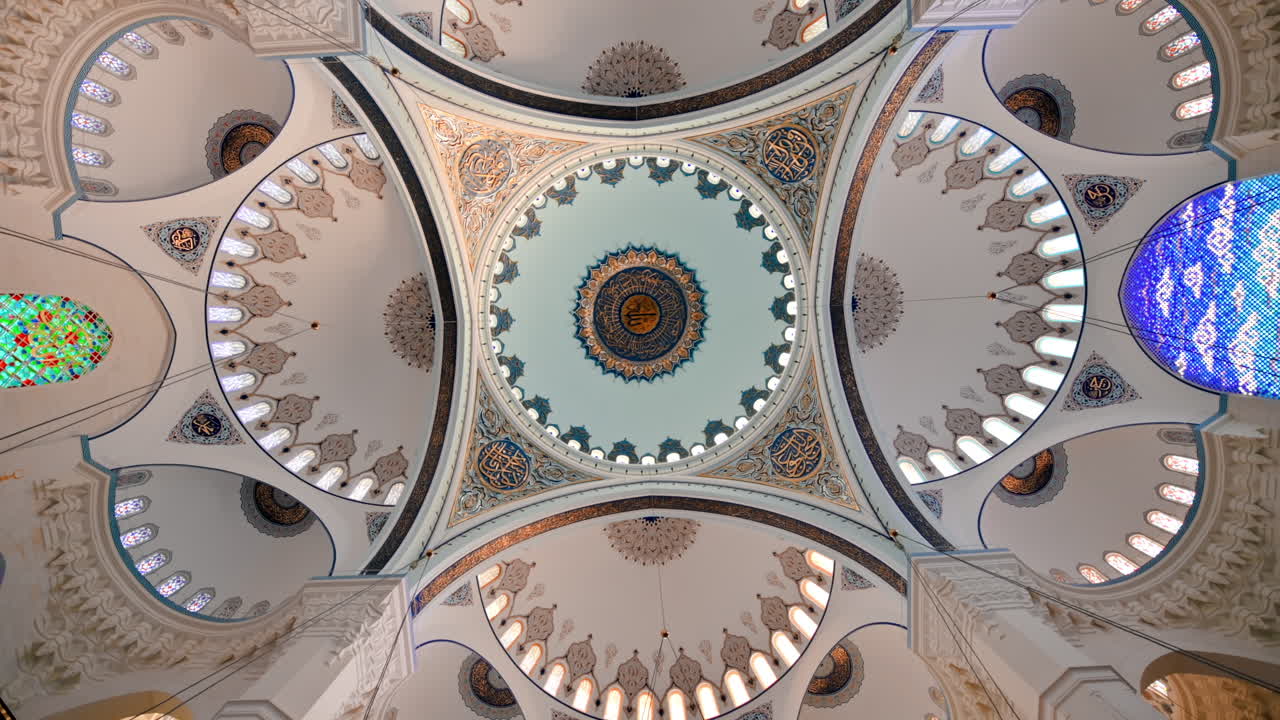 Interior view of the Camlica Mosque in Istanbul, Turkey. Painted ceiling