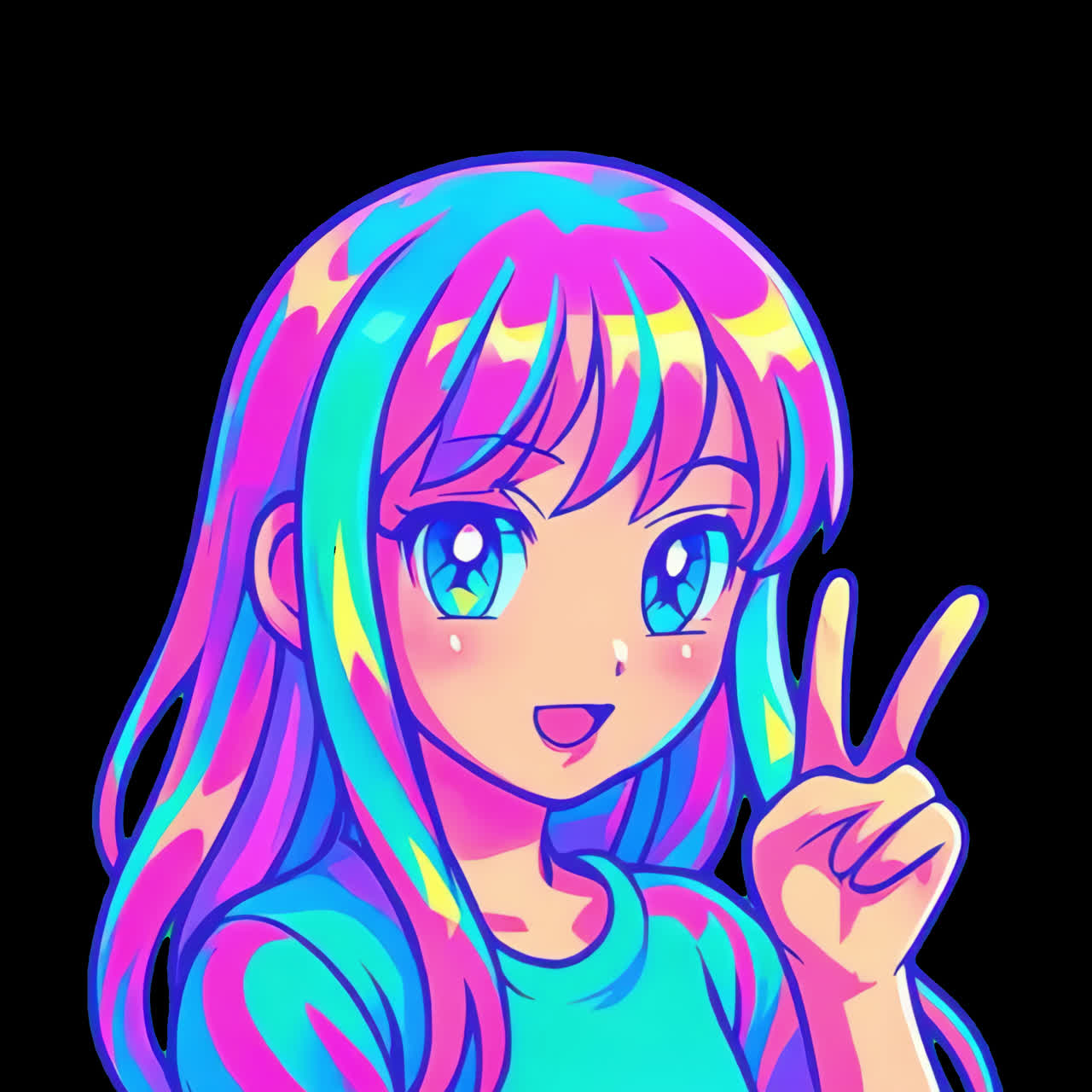 Risorsa isolata di animazione di ragazza anime colorata che fa il segno della pace, video 4K trasparente, canale alfa, ProRes