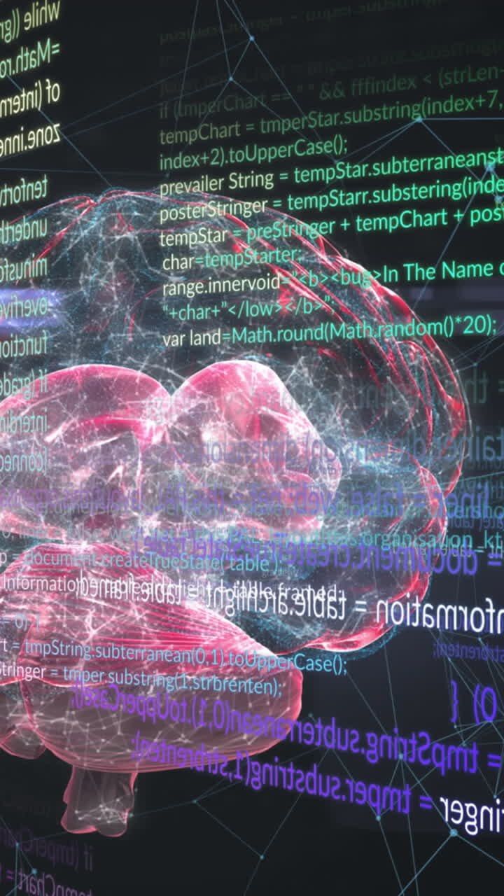 Animation of digital brain and data processing on black background
