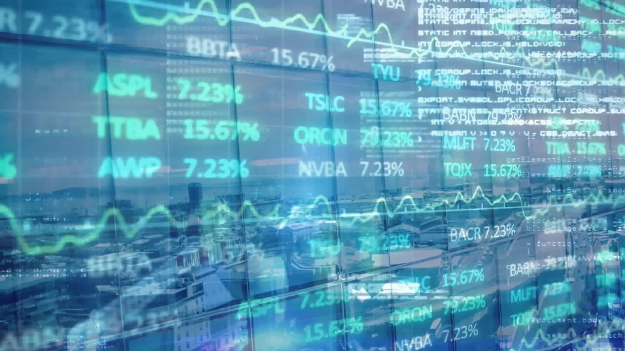 Animation of financial data processing over cityscape