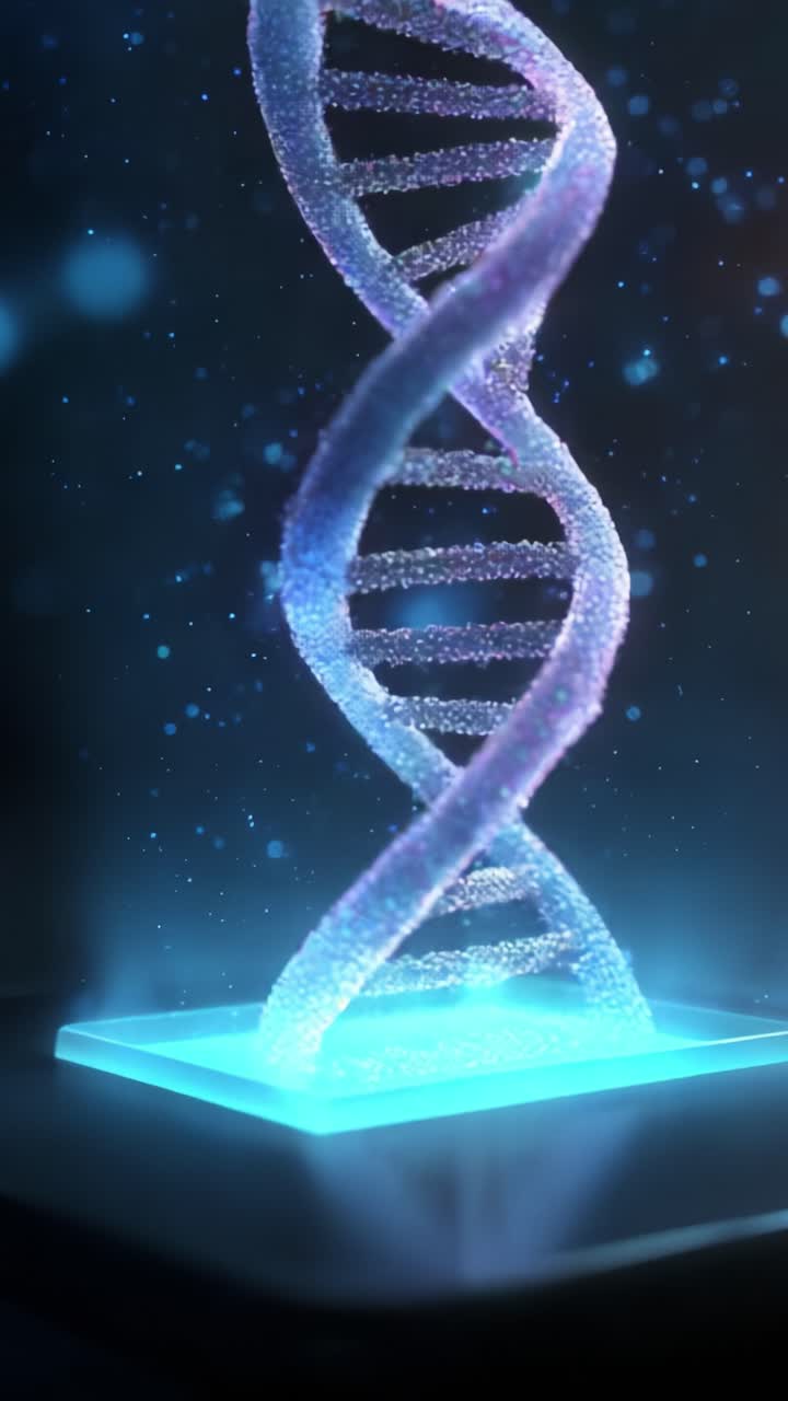 Immagine accattivante di una doppia elica di DNA illuminata con colori vivaci su sfondo scuro, che simboleggia l'essenza della vita e le informazioni genetiche