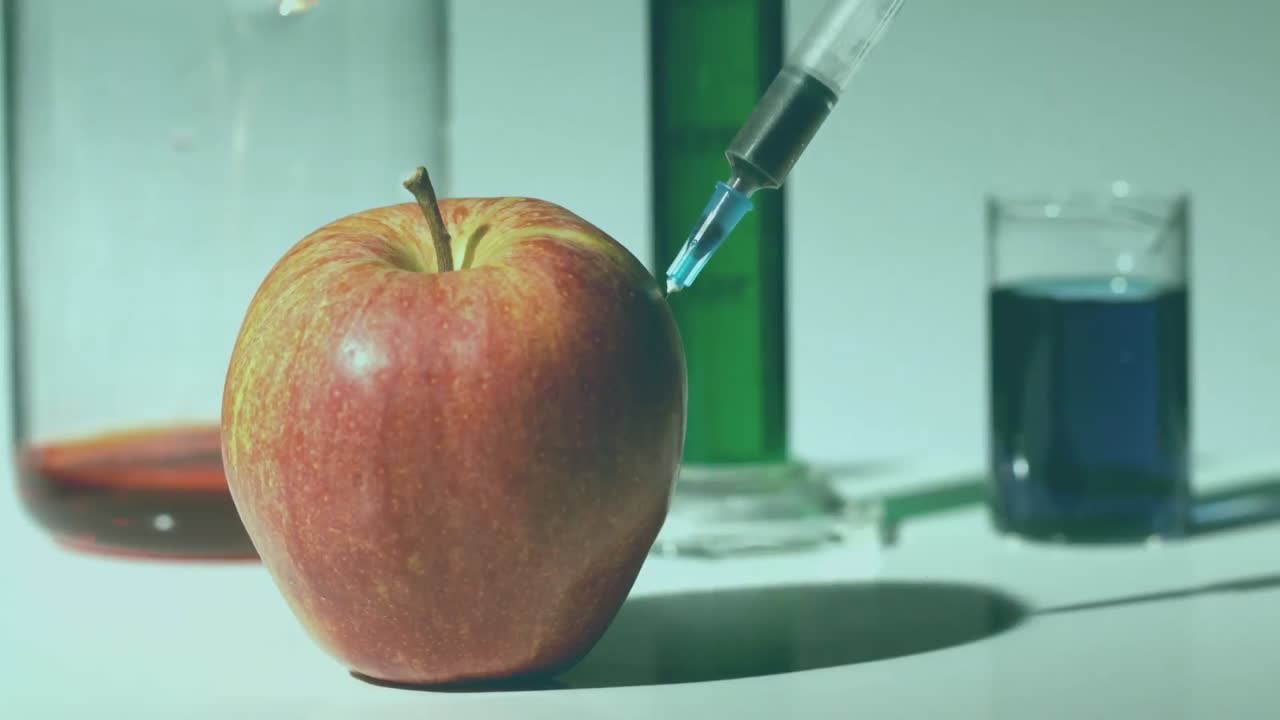 animación de formas coloridas sobre una jeringa, una manzana y vasos con líquido
