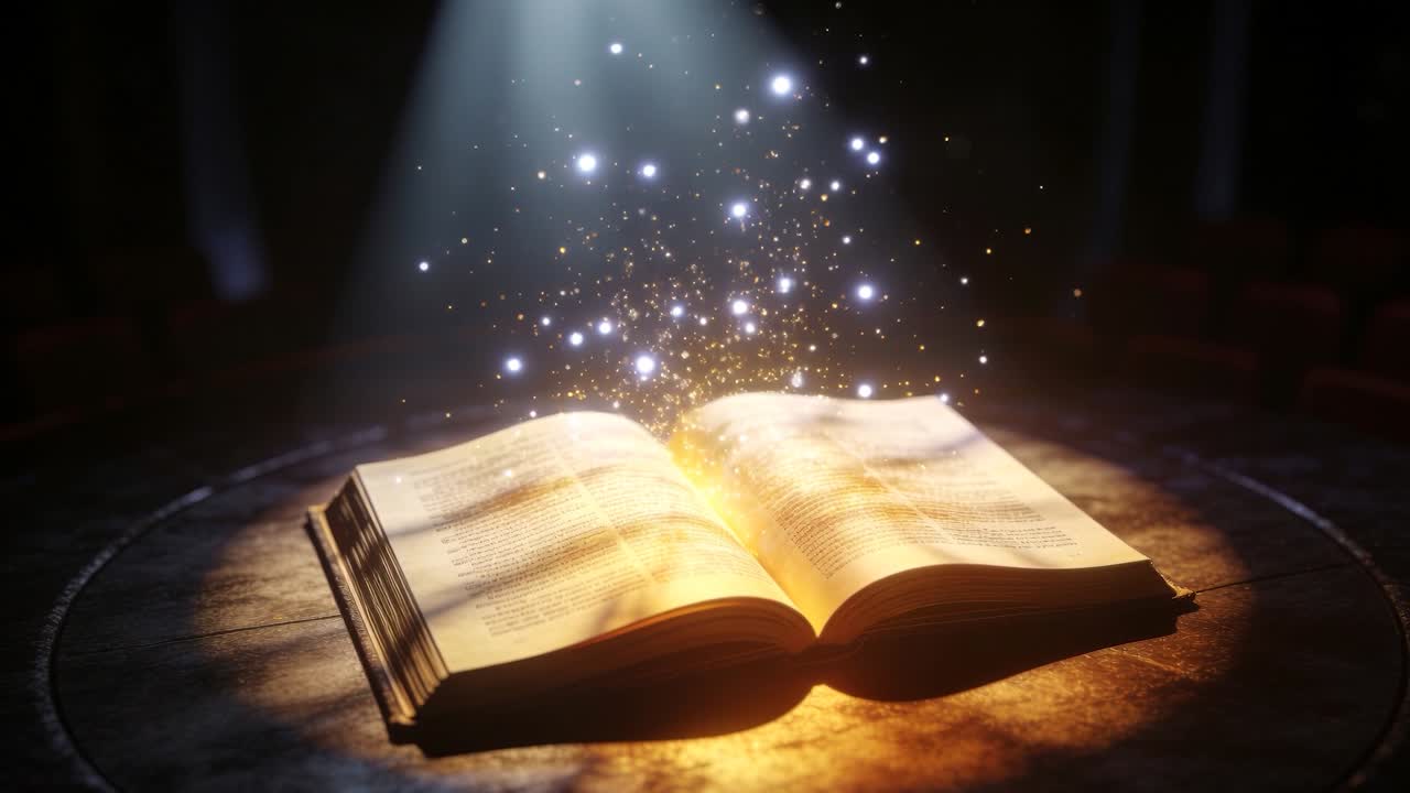 Libro aperto luminoso su palco di legno illuminato, con piccoli punti luminosi che appaiono ed emettono particelle dorate formando stelle