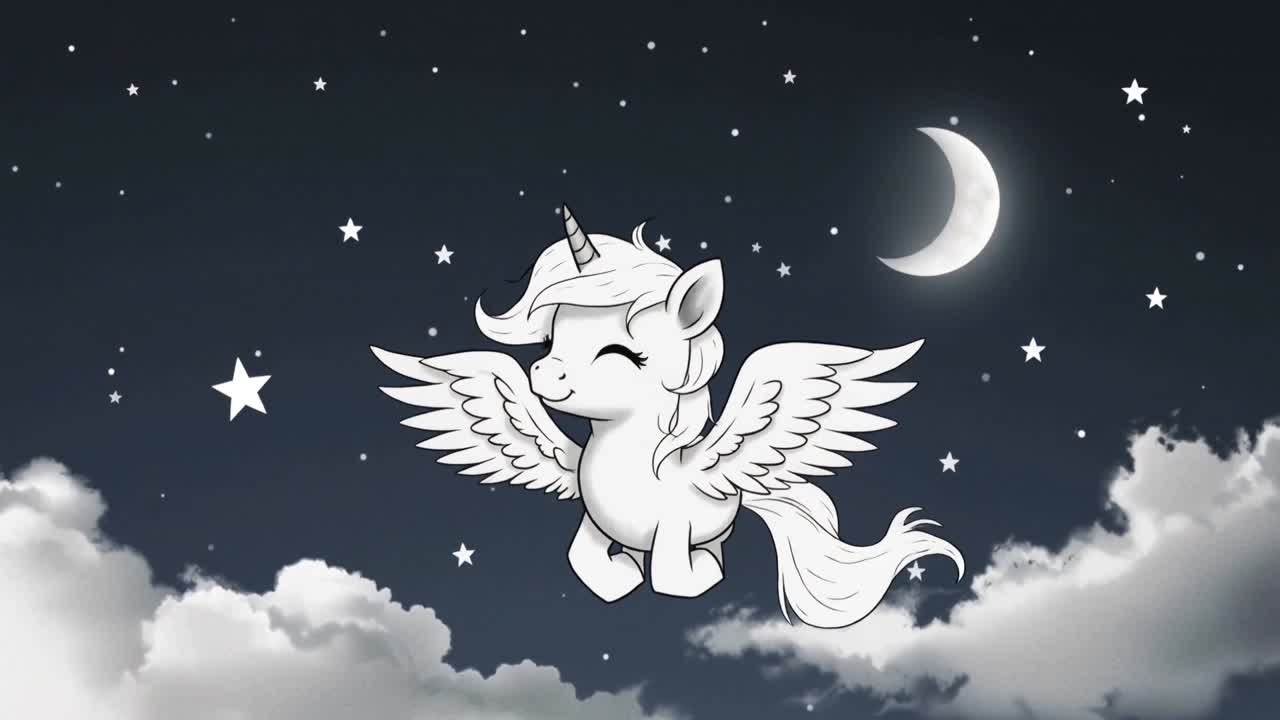 Hovering winged unicorn flapping wings and bobbing at night, moon glowing, star cluster near horn