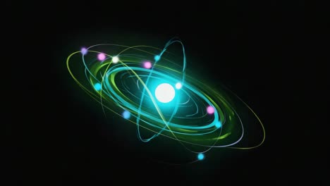abstract atom model with glowing orbiting electrons