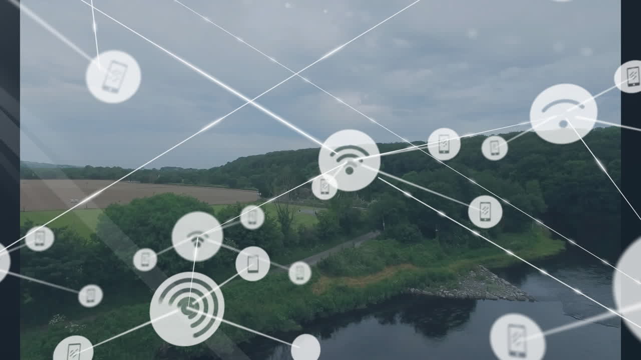Data processing network animation over landscape with digital connections visible