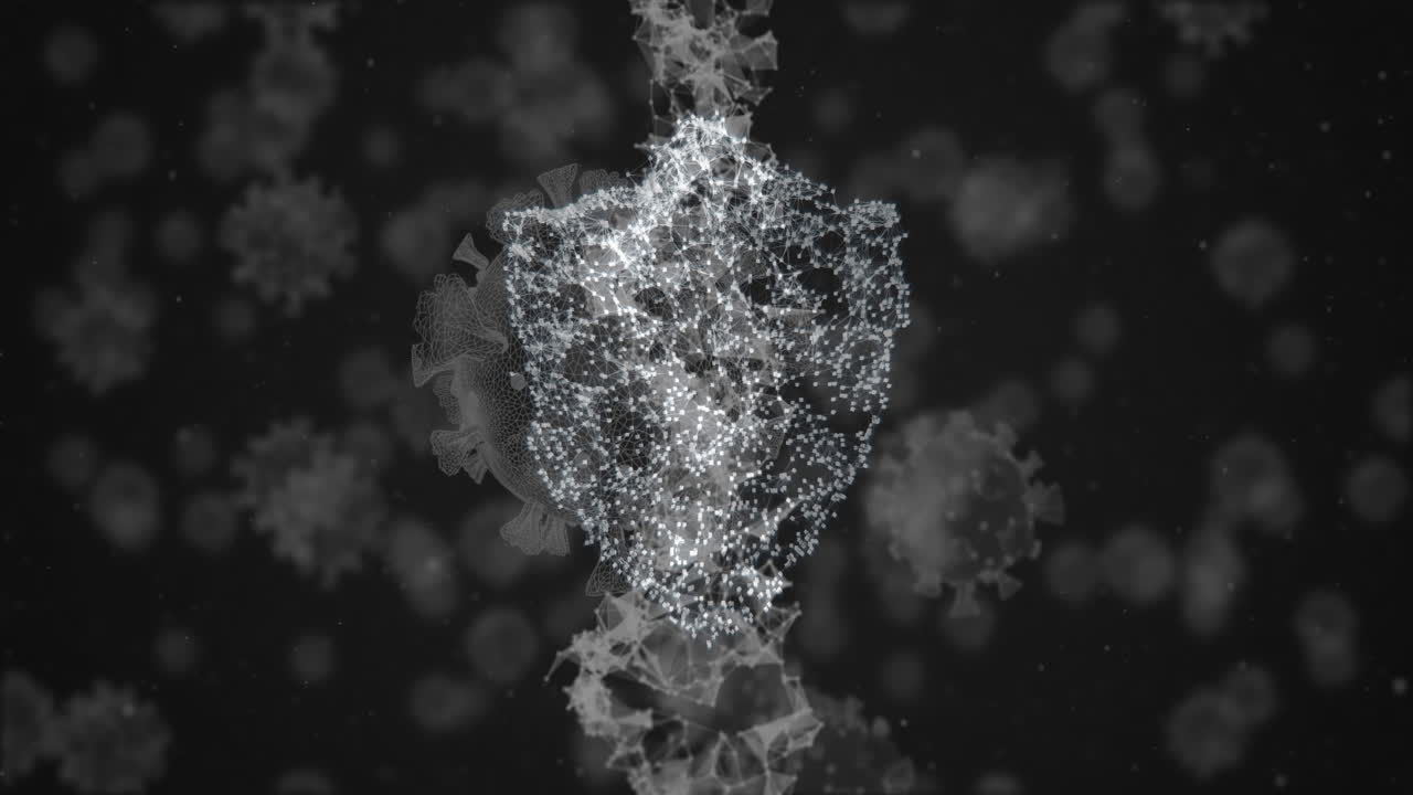 DNA and coronavirus cells flying over black background.