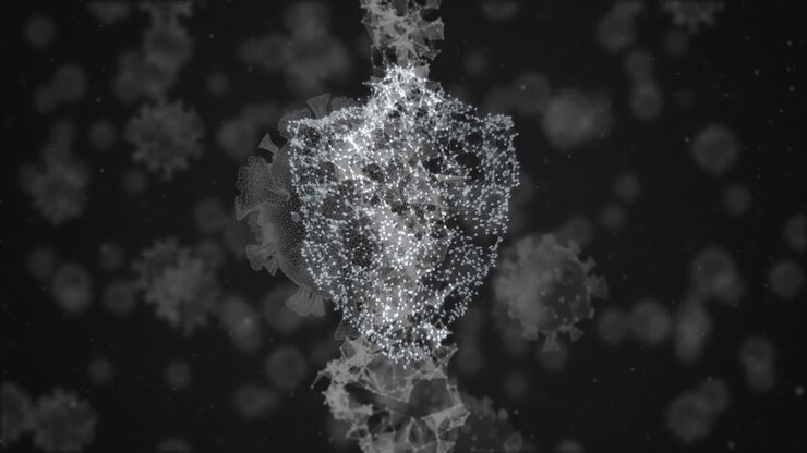 DNA and coronavirus cells flying over black background.