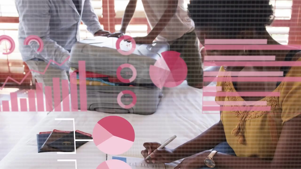 Parents and son packing travel case after mom consulting tablet, while pink AR charts analyzing