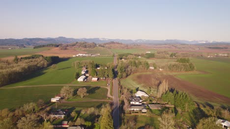 golden hour light illuminates country road with farms and fields on both sides