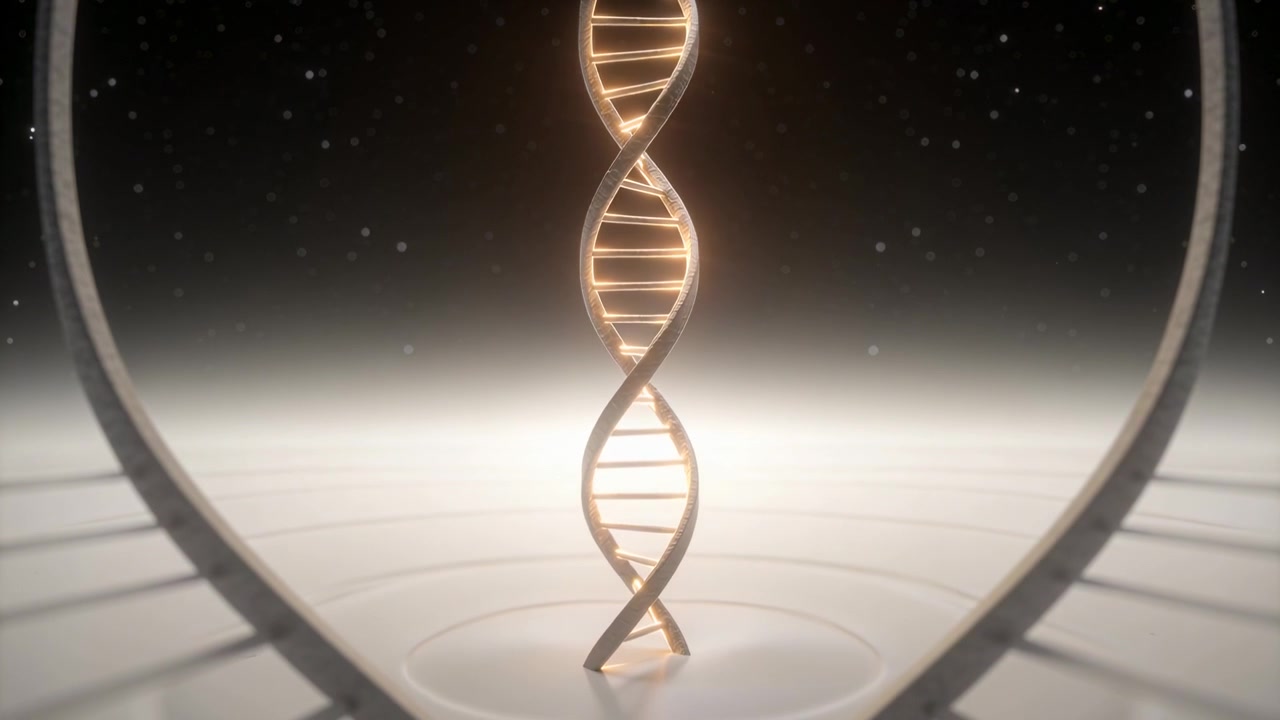 Pulsing light starting glowing double helix sculpture rotating on ring pedestal, arches revealing