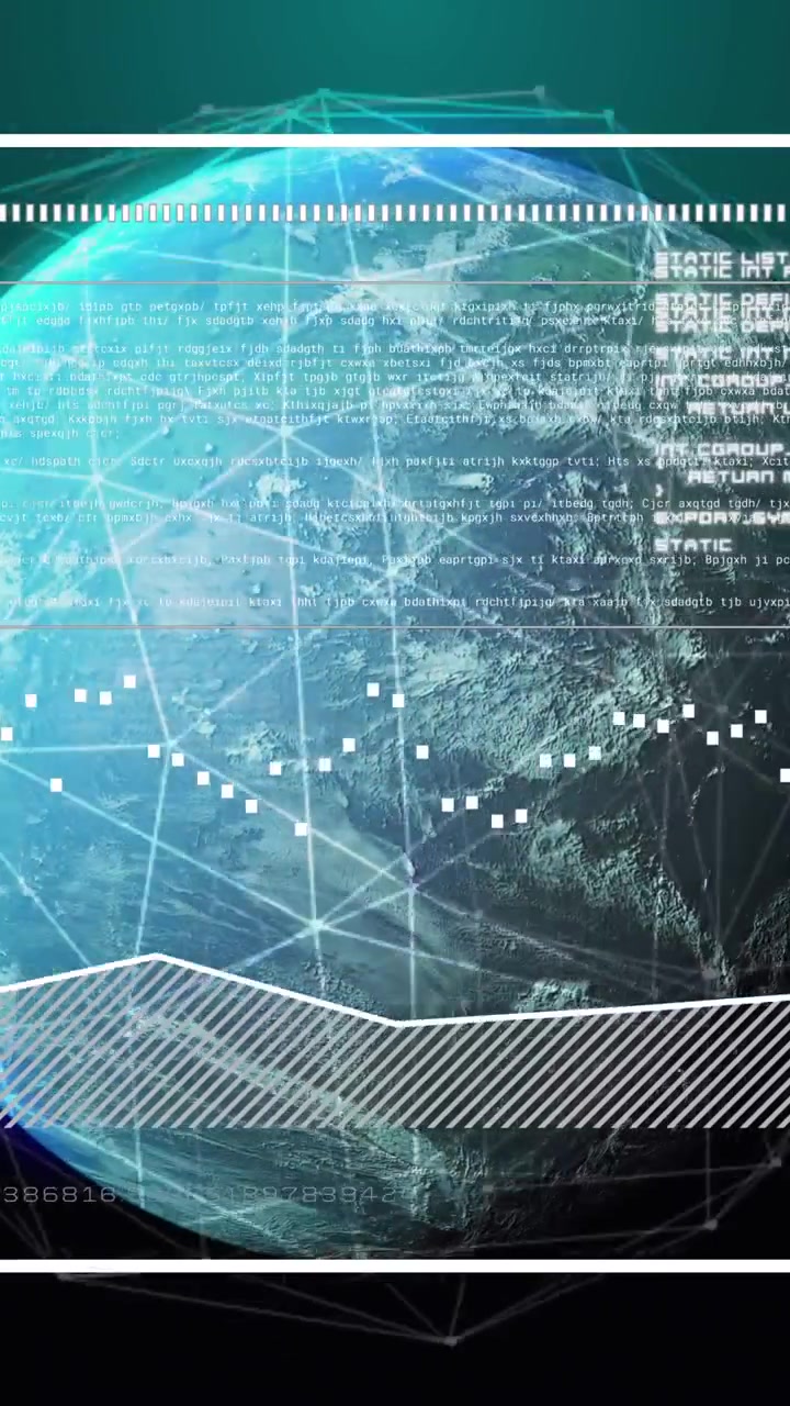 Animation of interface with data processing over network of connections against spinning globe