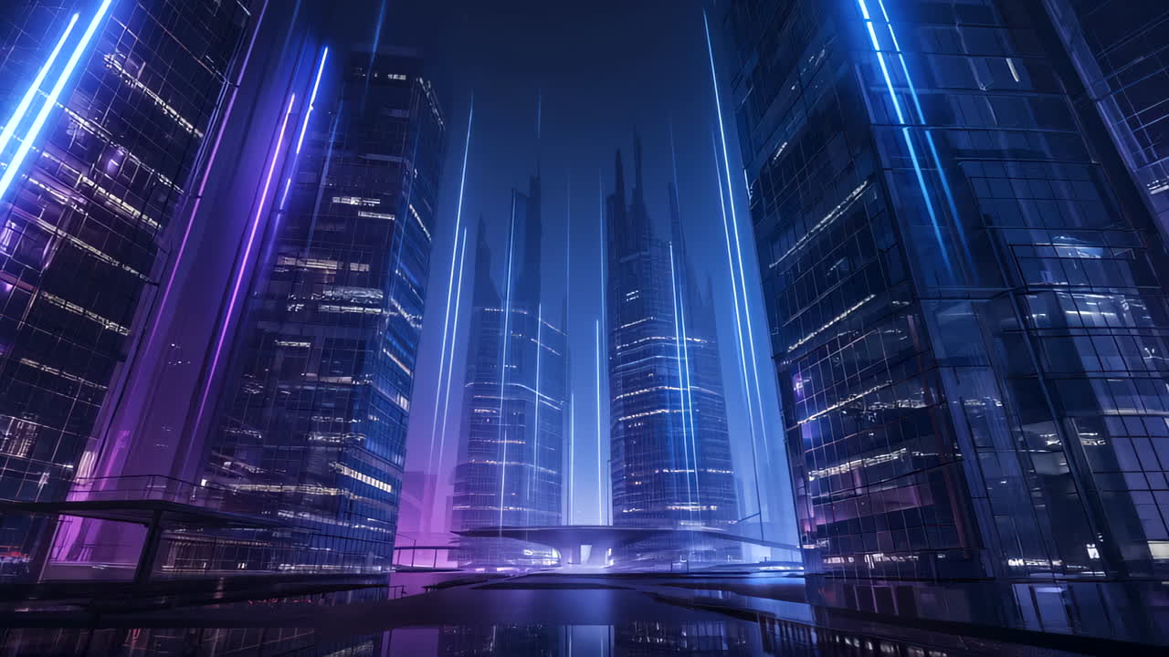Cinematic animation of futuristic smart city skyline with dynamic glowing data lines. Concept of digital technology, innovation, and fast data flow in modern urban environments.