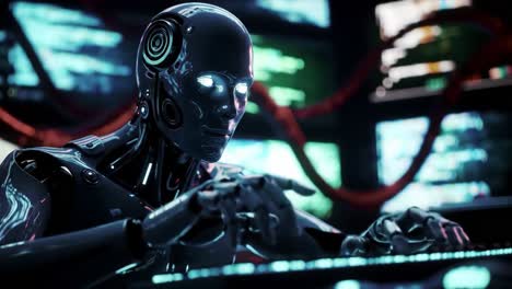 an advanced humanoid robot engaged in computer programming, demonstrating high-technology interaction with neon displays and futuristic interfaces