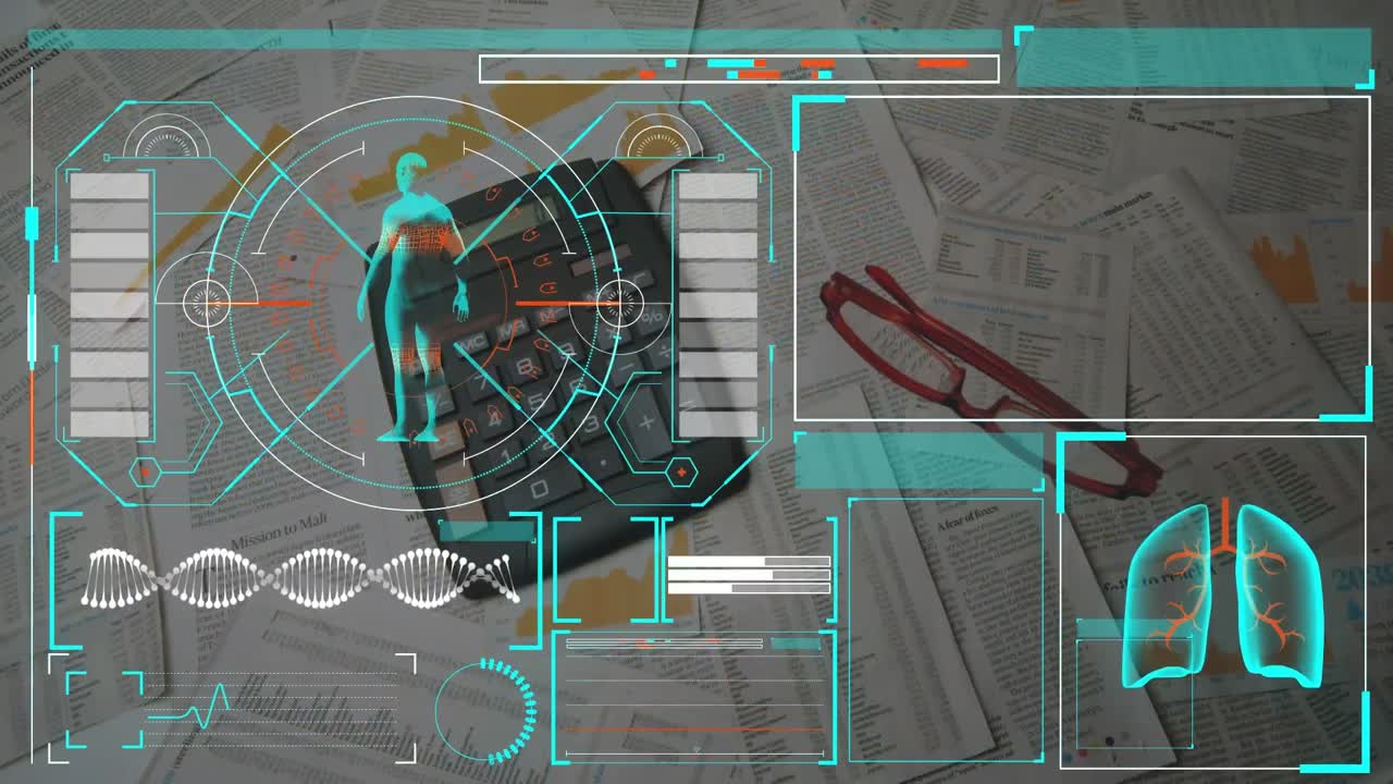 animación de la interfaz digital con procesamiento de datos médicos sobre gafas que caen sobre documentos