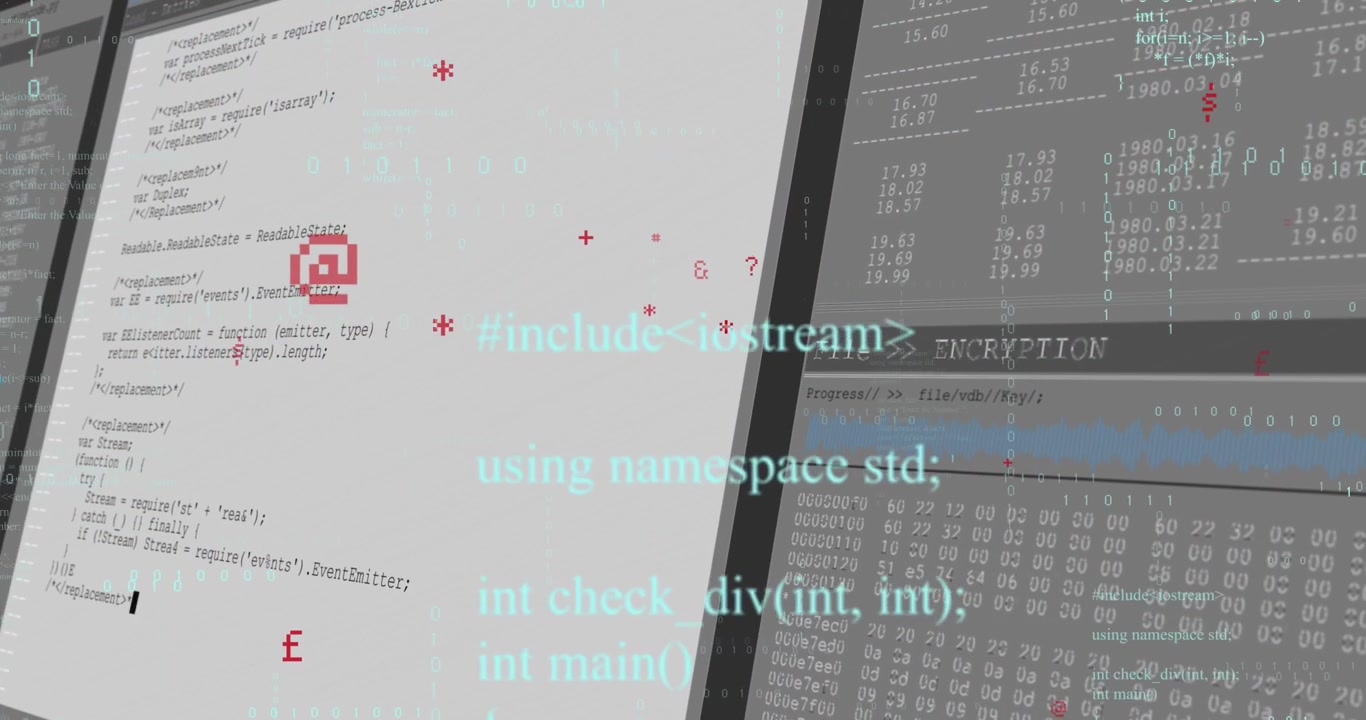 Near-black screen revealing, left editor filling code, hex dump updating, showing encryption