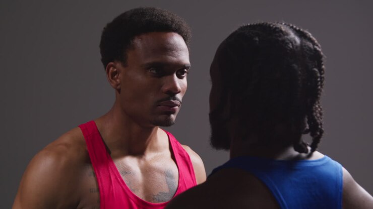 Close Up Of Male Boxer And Opponent Standing Face To Face Before Boxing Match Staring At Each Other 6