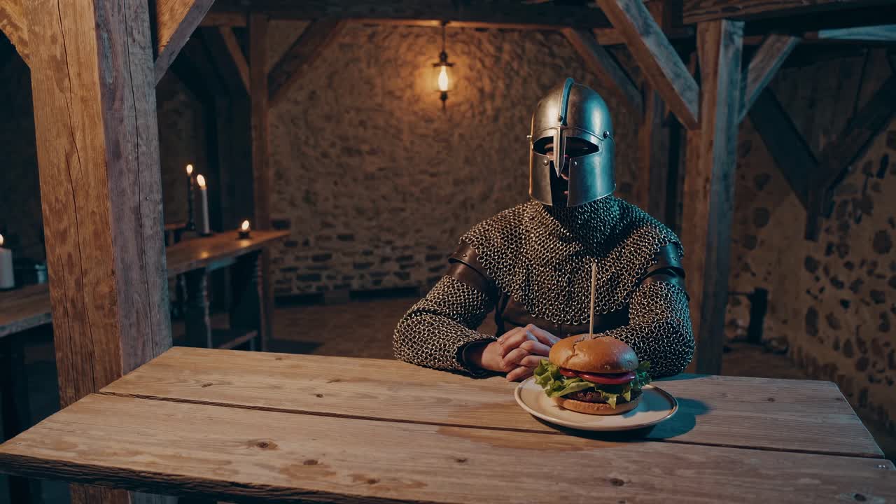 Medieval warrior wearing chainmail, sitting at rustic tavern table, eating anachronistic burger with weary expression in dimly lit, comically historical environment