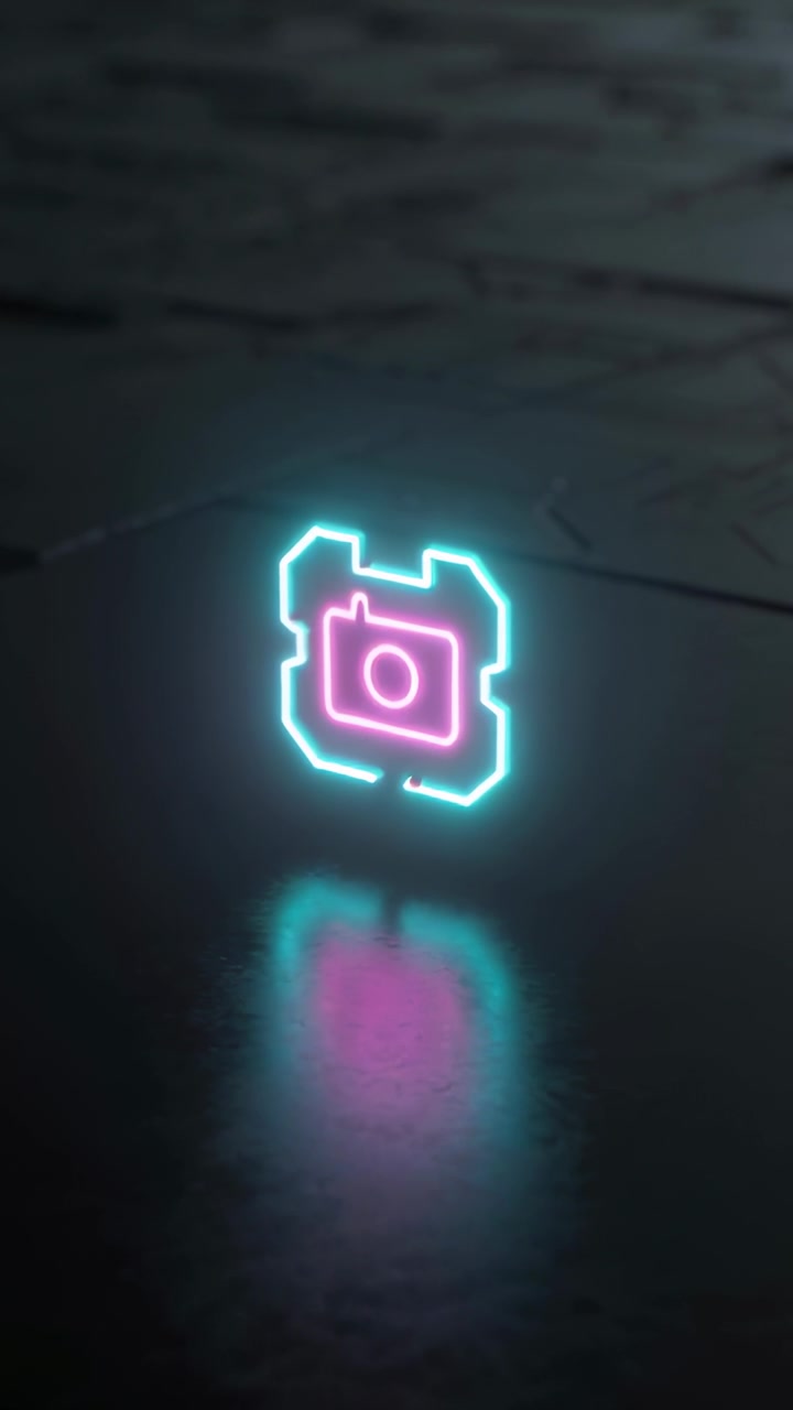Vertical video: Sequence starting neon camera emblem lifting pulsing on dark hex floor to center