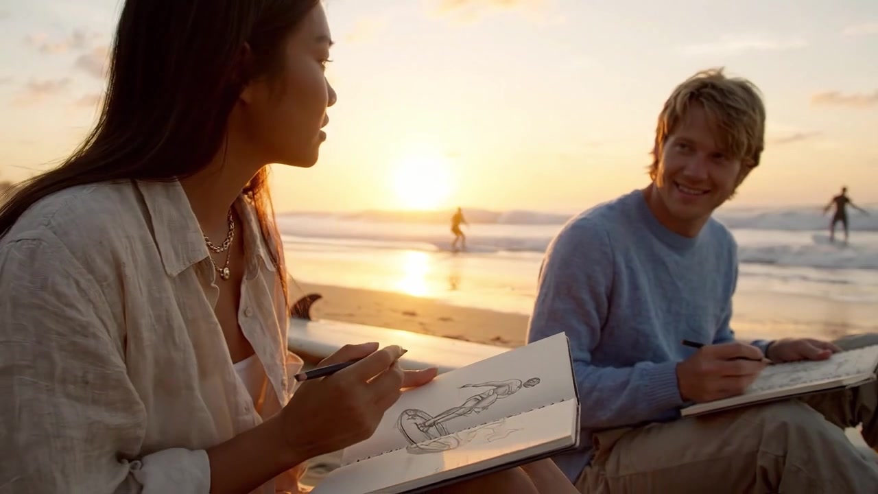 Creativity Flourishes at Sunset: Two Artists Drawing on the Beach, Capturing the Serenity and Beauty of Nature in Their Sketchbooks with Vibrant Waves and Warm Light