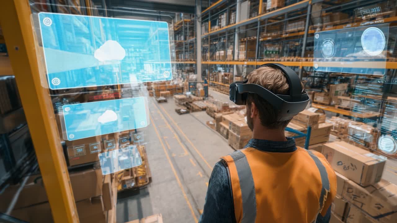 Innovative Warehouse Management Utilizing Augmented Reality Technology: A Worker Engaging with Virtual Interfaces in an Organized Storage Environment for Enhanced Inventory Control and Efficiency