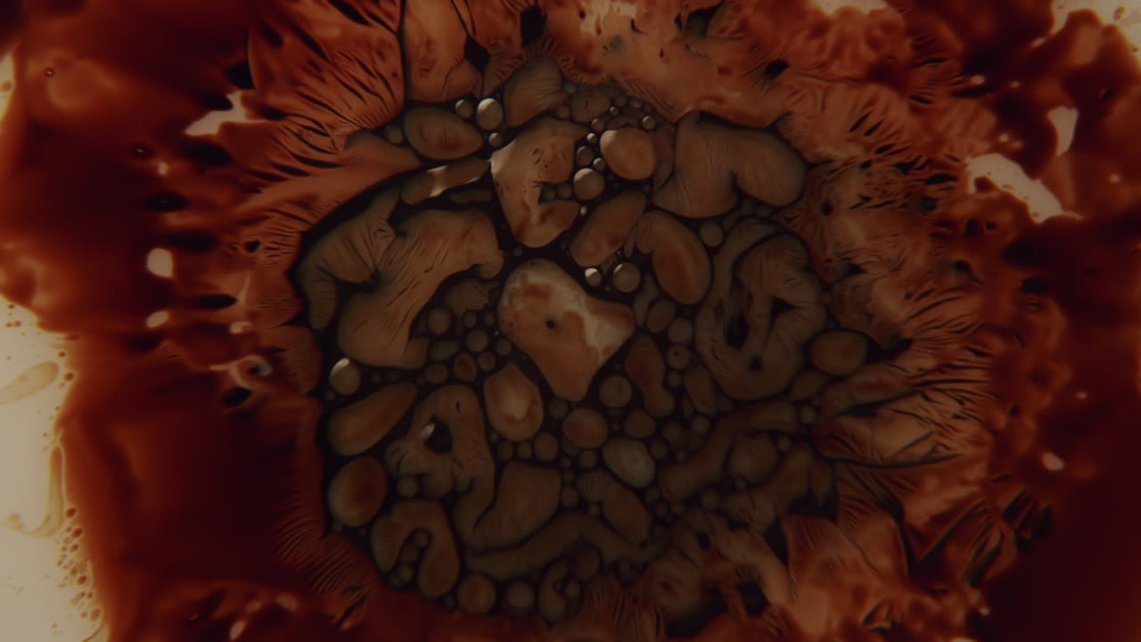 유기적 형태를 형성하는 이상한 검은 액체의 어둡고 변덕스러운 샷