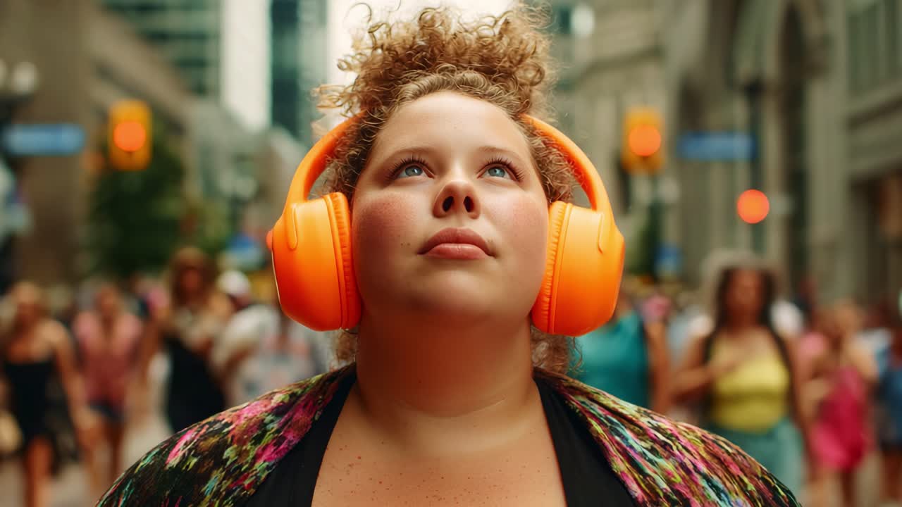 In a vibrant cityscape, a confident individual wearing bright orange headphones gazes upwards, immersed in their personal world of music amidst the bustling streets filled with diverse pedestrians