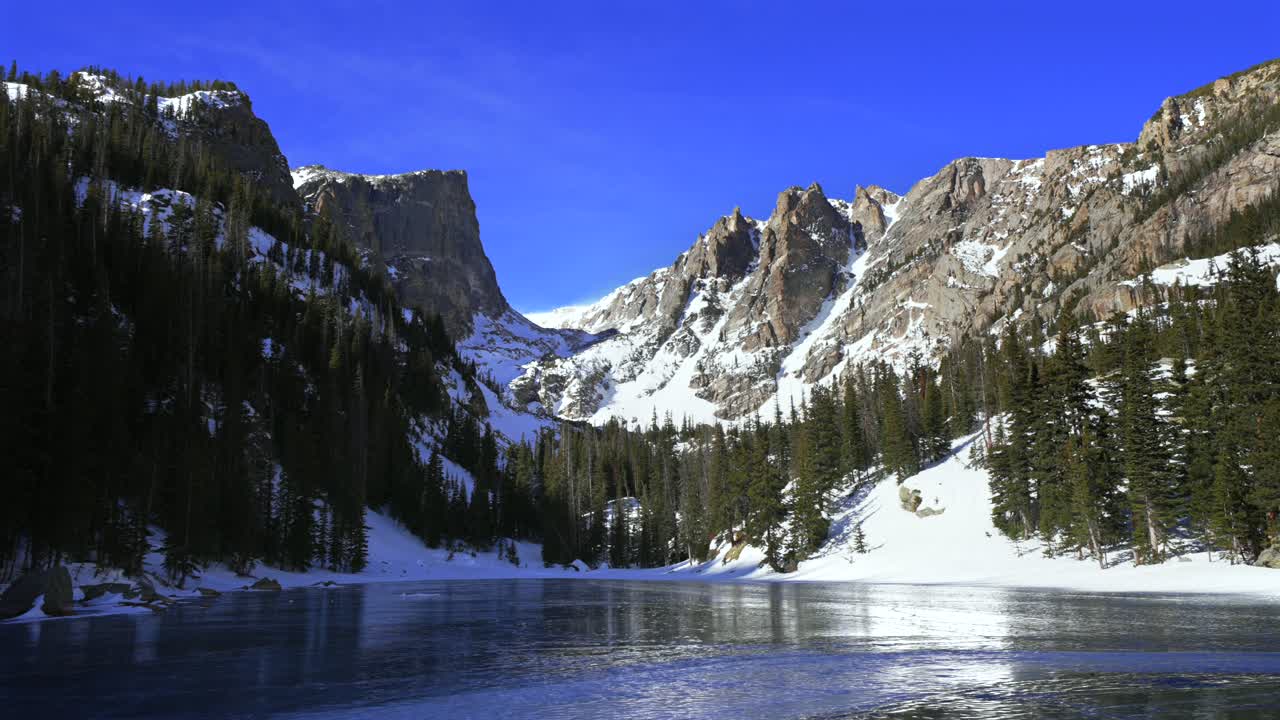 Vinter ved Drømmesjøen, med klar, dypblå frossen is i Rocky Mountain nasjonalpark (RMNP), Colorado. Luftfoto tatt med drone av Emerald Lake og høyfjellsområdet ved Bear Lake-stien, med Hallett Peak under en solrik blå himmel og landskapspanorering av Flattop-fjellene.