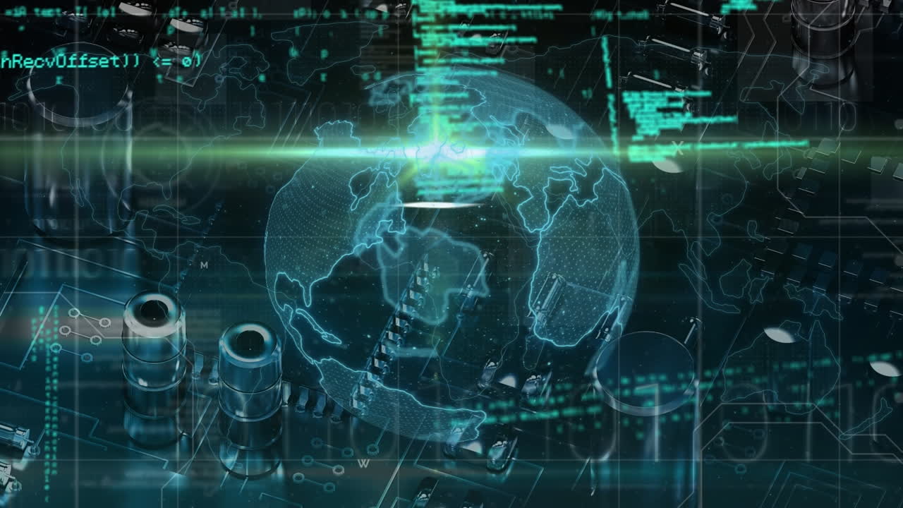 Animation of globe of network of connections with digital icons over computer circuit board