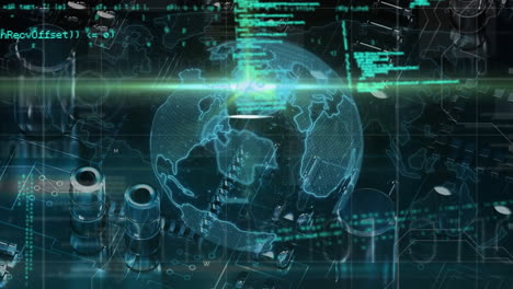 animation of globe of network of connections with digital icons over computer circuit board